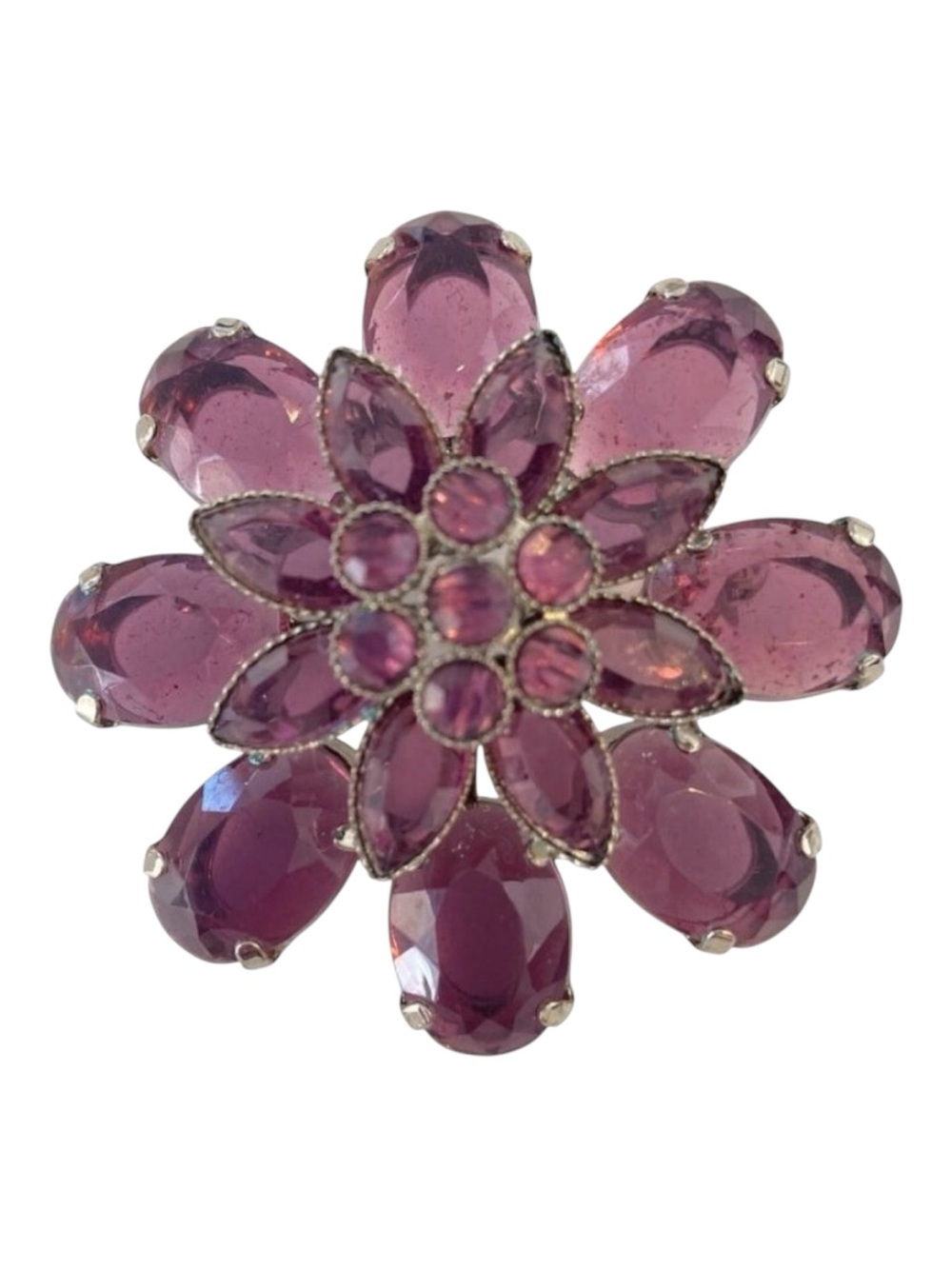 Vintage 1980s Purple Floral Silver Tone Statement Brooch With Faceted Stones vtg